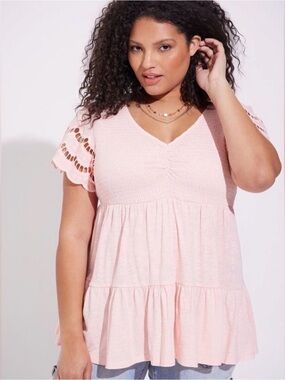 torrid Light Pink V-Neck Smocked Tiered Babydoll Blouse